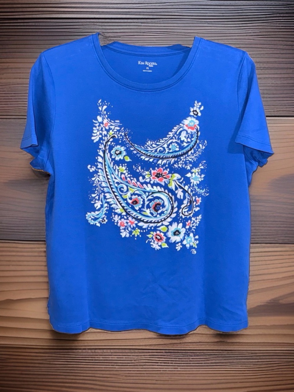 Kim Rogers Petite Royal Blue Short-Sleeve Tee w/Paisley & Floral Print-PS-EC